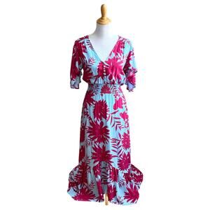 Abel the Label Cassidy Midi Dress XS Blue Pink Floral Flutter Sleeve